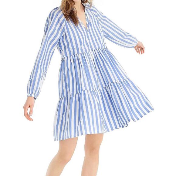 J. Crew Tiered Popover Poplin Mini Dress Blue Striped Size Medium - Picture 2 of 14